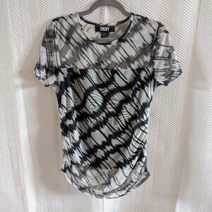 DKNY Short Sleeve Ruched Black & White Abstract Print Mesh Lined Top Medium
